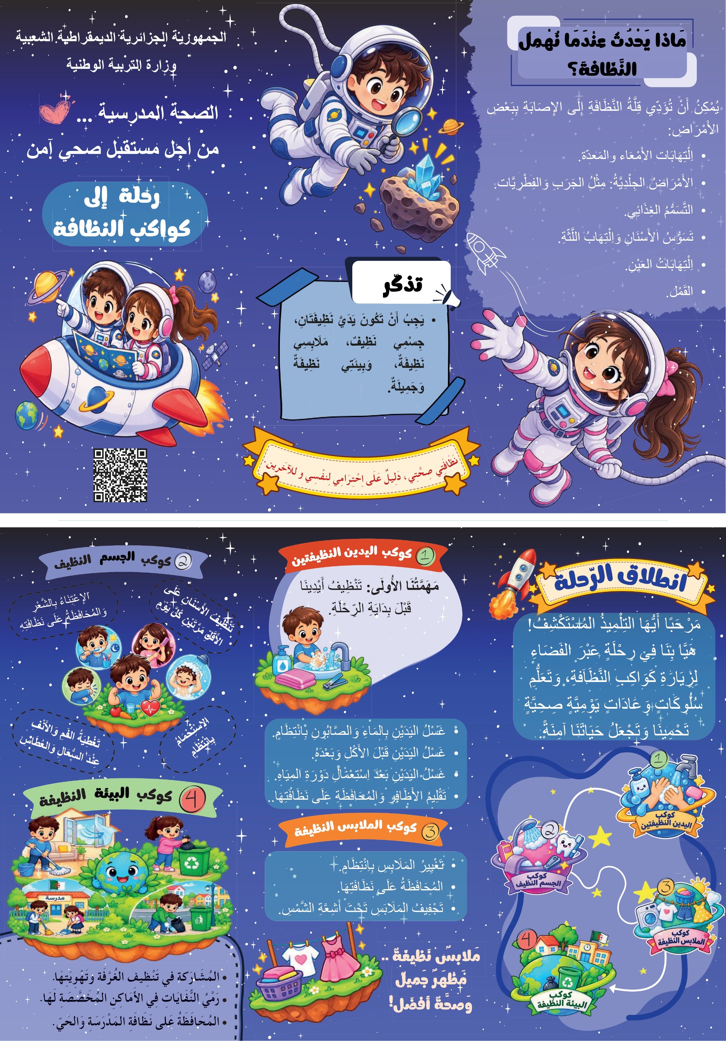 مطوية رحلة إلى كواكب النظافة للطور الابتدائي: ماذا يحدث عندما نهمل النظافة وكواكب النظافة الأربعة
