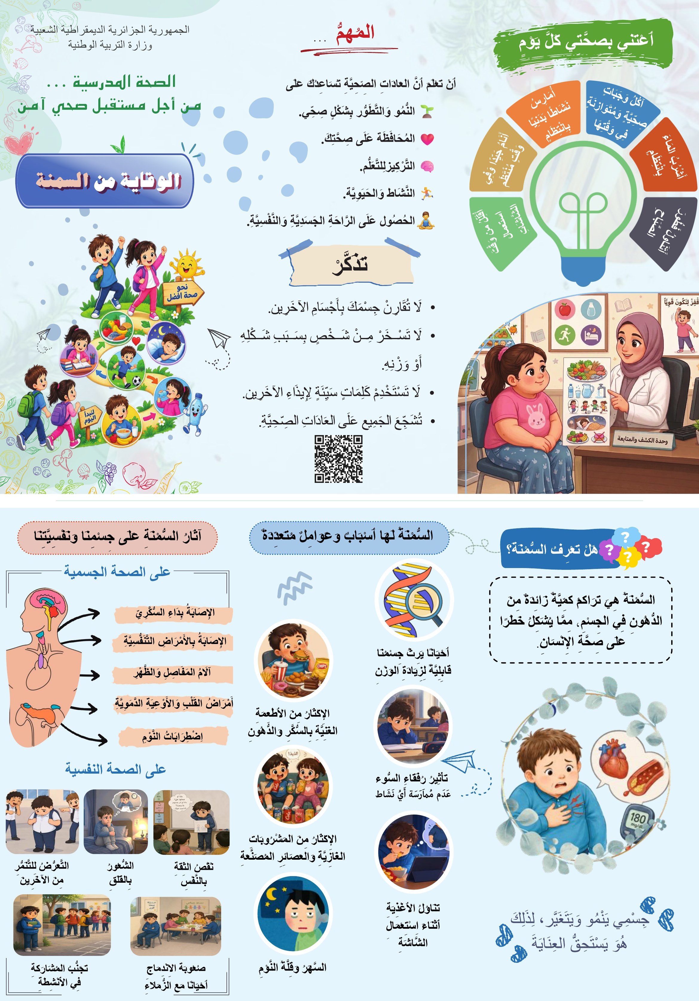 مطوية الوقاية من السمنة للطور الابتدائي: العادات الصحية، أسباب السمنة وآثارها